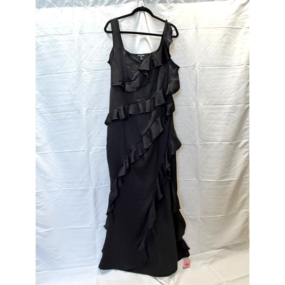 PrettyLittleThing Plus Black Satin Frill Layered Maxi Dress US 14 NWT